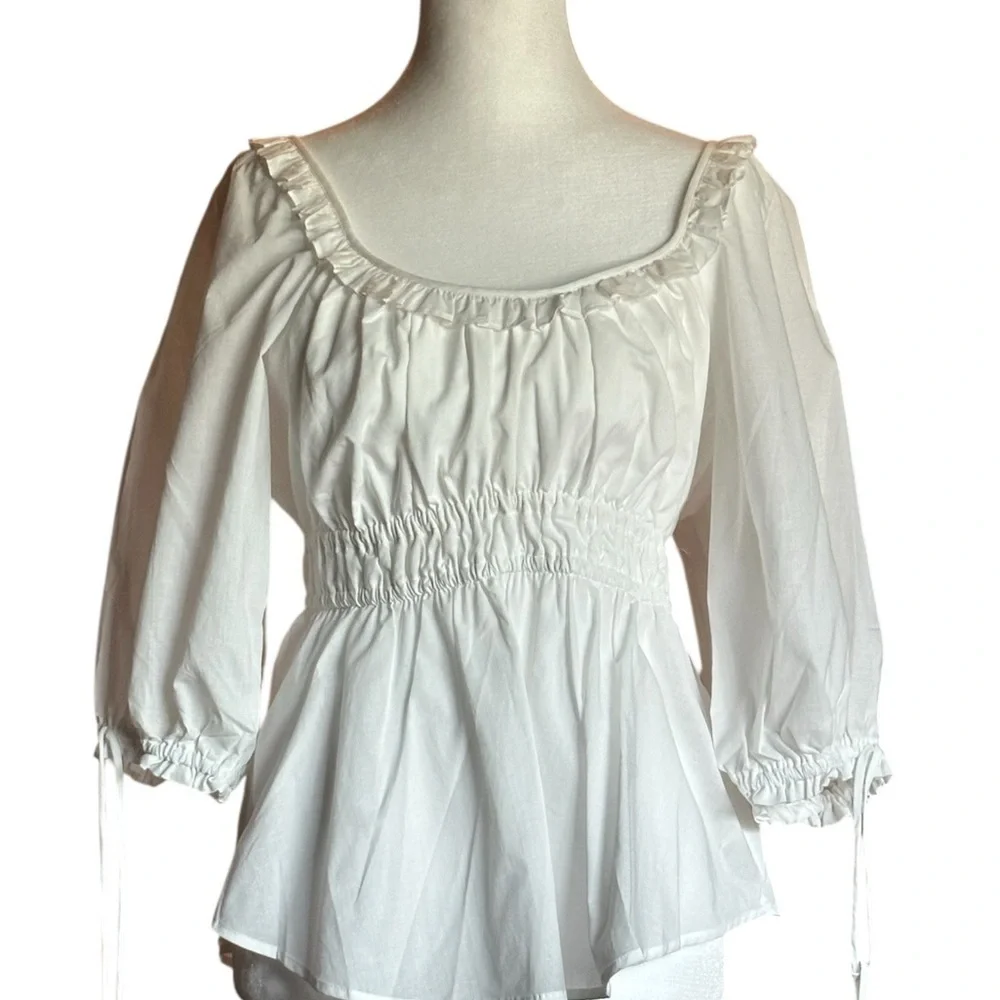 Hale Bob White Puff Sleeve Smocked Peplum Blouse - Picture 2 of 5